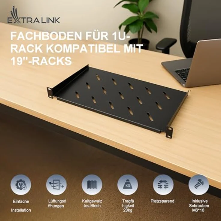 EXTRALINK 19 Zoll Fachboden 1HE, perforierter Rackboden für Netzwerkschrank, 250 mm Tiefe, 20 kg Tragkraft, schwarz – Bild 2