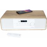 Thomson Micro-Hi-Fi-System MIC301IBT, Bluetooth-Lautsprecher in Weiss und Holz, 10 W RMS-Leistung, FM- und digitales UKW-Radio, Bluetooth, USB-Anschluss, Induktionsladefunktion