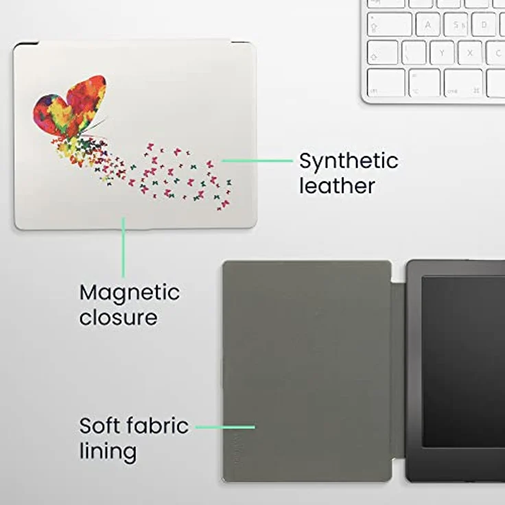 kwmobile Klapphülle für Kobo Aura H2O Edition 2, eReader Case in Mehrfarbig Pink Weiß mit Schmetterling Design, Kunstleder mit Magnetverschluss – Bild 5