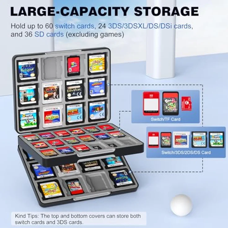 MoKo 60 Slots Spiel Aufbewahrungsbox, kompatibel mit Switch 2/Switch OLED/3DS/3DSXL, 60 Game Card Slots, 24 3DS Karten, 36 SD Karten, Schwarz – Bild 2