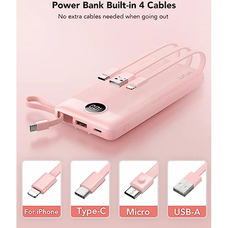 VRURC 10000mAh Power Bank mit 4 Kabeln, tragbares Ladegerät mit 5 Ausgängen, USB C und LED Display, kompatibel mit iPhone, Huawei, Samsung und Android Smartphones – Bild 3