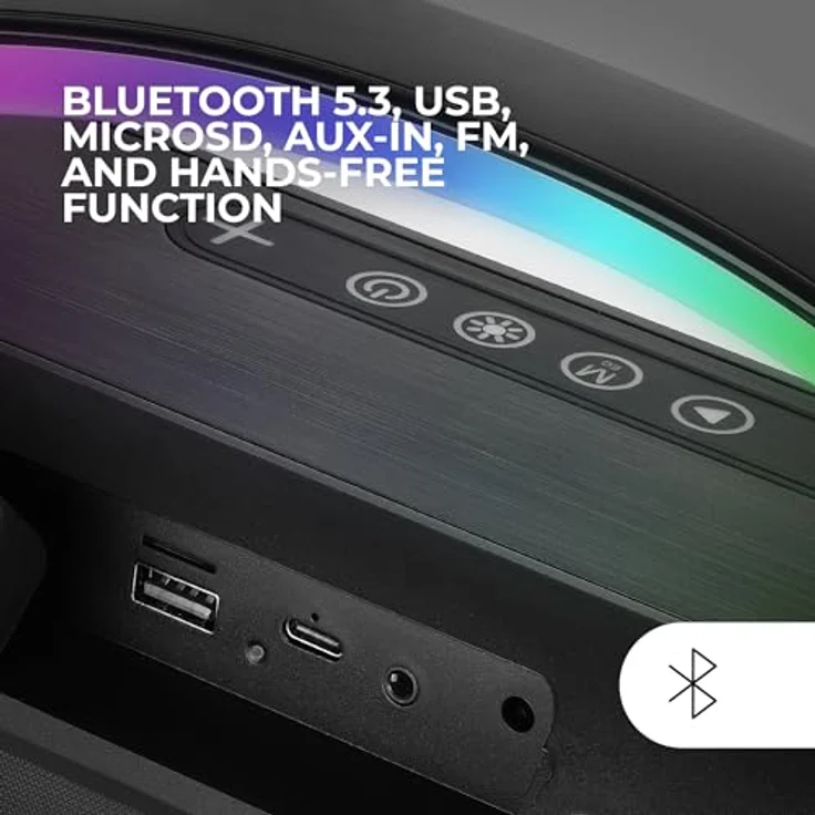 Mars Gaming MS-Pulse, Tragbarer Bluetooth-Lautsprecher mit 50W RMS, RGB-Beleuchtung, 4 Treiber (2 aktive, 2 Passiv), Freisprechfunktion, USB/MicroSD/AUX/FM, Schwarz – Bild 3