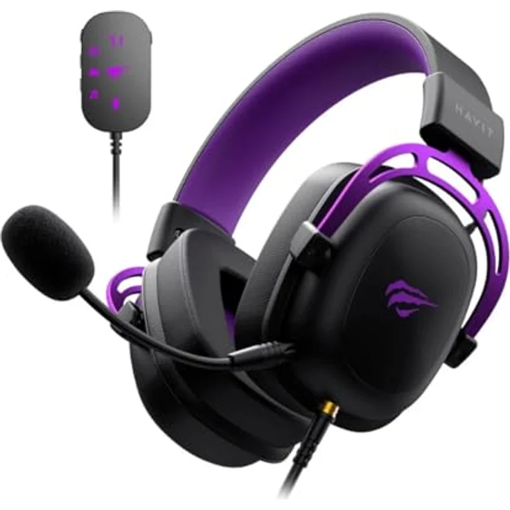 Havit H2002C+U, Kabelgebundenes Gaming Headset mit 53 mm Treibern, virtueller 7.1 USB-Soundkarte, abnehmbaren Mikrofon, Schwarz und Violett – Bild 5