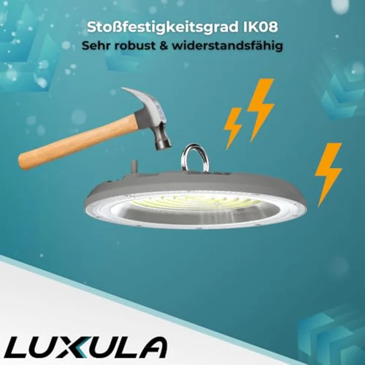 LUXULA Hallenstrahler LED Hallenleuchte 200W, 20000lm, Lichtfarbe einstellbar 3000K, 4000K, 6500K - IP65 IK08 - UFO Lampe High Bay Hallentiefstrahler, flexibel einsetzbar, wasserfest, robust - in verschiedenen Lichtfarben erhältlich – Bild 4