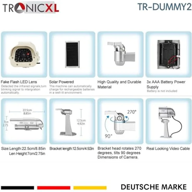 TronicXL 2 Stück Profi Solar Dummy Kamera Überwachungskamera Attrappe für Innen und Außen mit Blinkender IR LED, Hellgrau-Beiger Ton – Bild 5