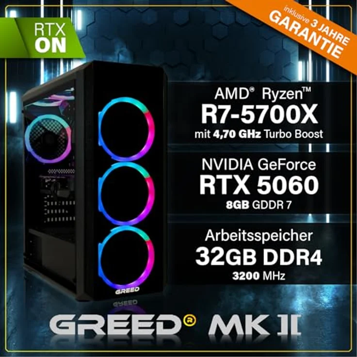 GREED Greed® MK2 - High End Gaming PC - AMD Ryzen 7 5700X, Nvidia GeForce RTX 5060, 4,7 GHz, 32GB RAM, 1TB SSD, Windows 11 Pro, 4K Gaming – Bild 3