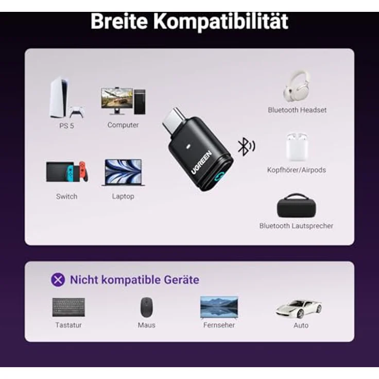 UGREEN USB C aptX 5.3 Bluetooth USB Audio Dongle für PS5/PS5 Pro/Switch, Bluetooth Adapter für PC/Laptop, Plug & Play (nur Audio) – Bild 5