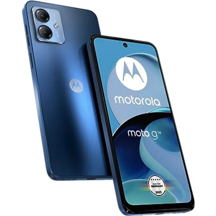 Motorola Moto g14 Smartphone (6,5"-FHD+-Display, 50-MP-Kamera, 4/128 GB, 5000 mAh, Android 13) Sky Blue, inkl. Schutzcover + KFZ-Adapter [Exklusiv bei Amazon]