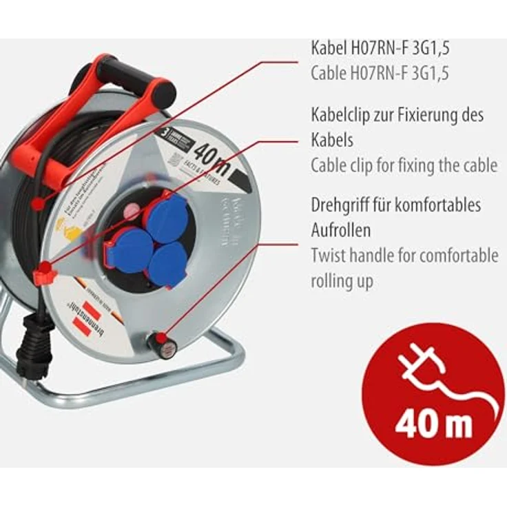 Brennenstuhl Garant S IP44 Kabeltrommel (40m Kabel in schwarz, aus Stahlblech, für den ständigen Einsatz im Außenbereich, Made in Germany) silber – Bild 2