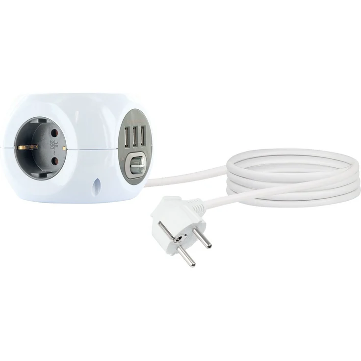 Schwaiger 661507 Mehrfachsteckdose 6-fach (3 Steckdosen, 3 USB Buchsen, Kabellänge 1.4 m), in Würfelform – Bild 1