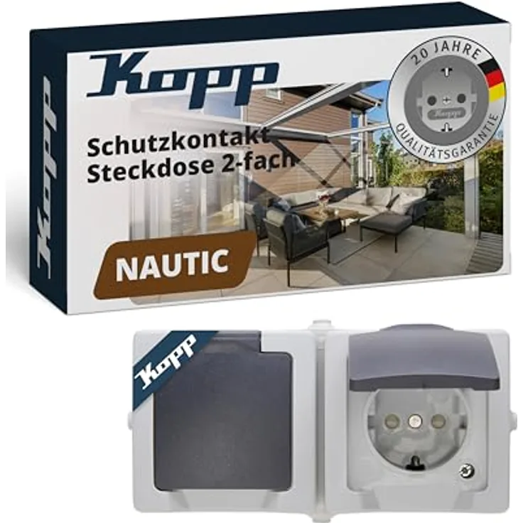 Kopp NAUTIC 2-fach Schutzkontakt-Steckdose mit Klappdeckel, grau - Aufputz Feuchtraumsteckdose IP44, 16A / 250V~, erhöhter Berührungsschutz
