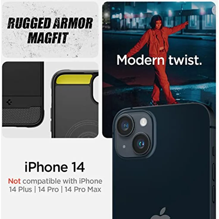 Spigen Rugged Armor MagFit Hülle Kompatibel mit iPhone 14 -Matte Black, Integriertes Magnet, Karbon Look, Air Cushion Technologie – Bild 2