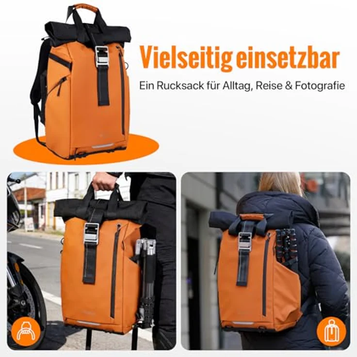 Rollei Fotoliner Ocean Rolltop, Wasserdichter 20L Kamerarucksack mit Laptopfach und Stativhalter, Orange – Bild 5