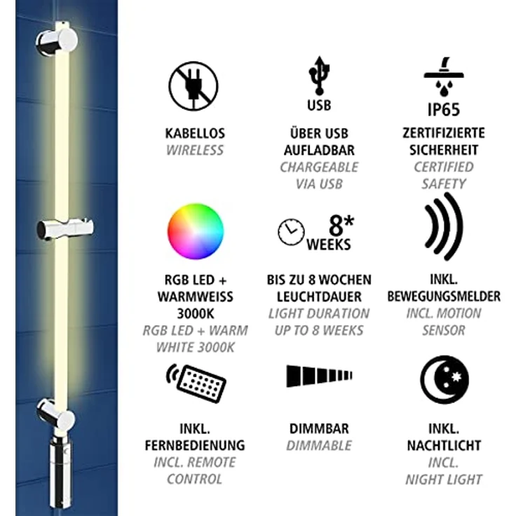 WENKO LED Design-Duschstange, integrierte energiesparende LED-Lichtleiste, dimmbar, Farbwechselmodus, Fernbedienung/Bewegungsmelder, befestigen ohne Bohren, kabellos/aufladbar, Länge: 94 cm – Bild 4