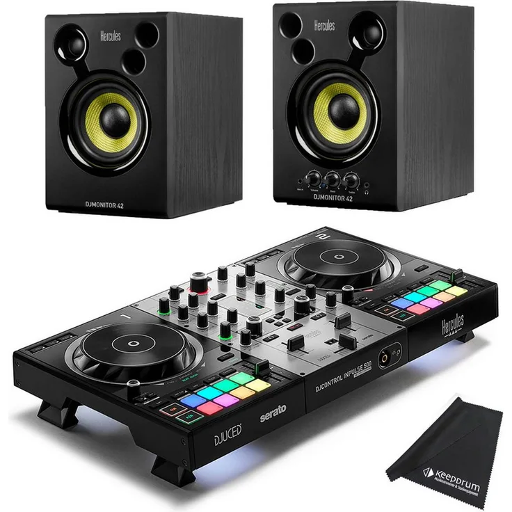HERCULES DJ Controller Inpulse 500 Silver Edition, 2-Deck USB Controller mit 16 RGB-Pads, inklusive Serato DJ Lite und DJUCED Software, DJMonitor 42 Boxen