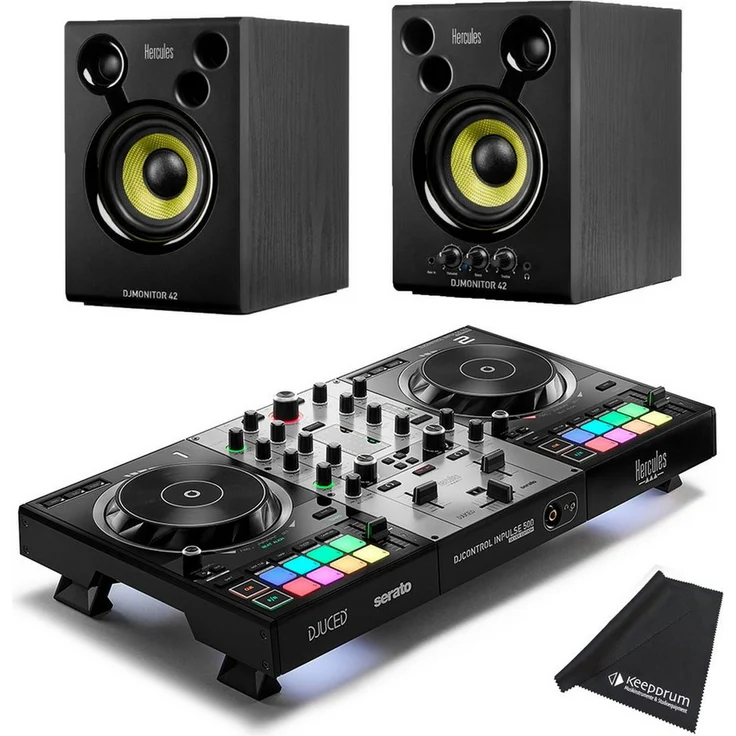 HERCULES DJ Controller Inpulse 500 Silver Edition, 2-Deck USB Controller mit 16 RGB-Pads, inklusive Serato DJ Lite und DJUCED Software, DJMonitor 42 Boxen