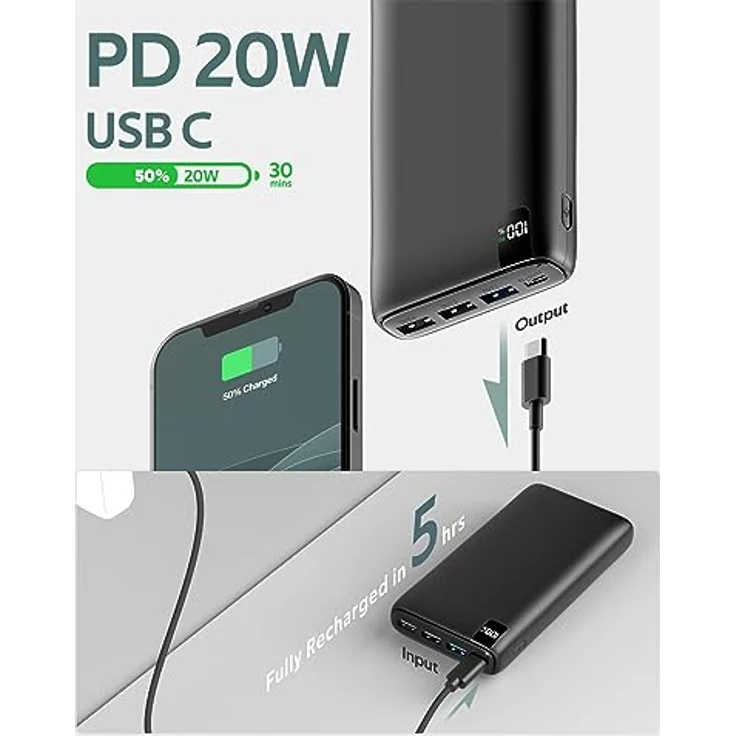 ADDTOP Power Bank 26800mAh, 22,5W Powerbank USB C Externer Akku mit PD 20W Power Delivery, Tragbares Ladegerät mit 4 Ports – Bild 4