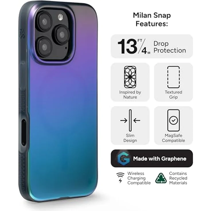 ZAGG Milan Snap, Graphen-verstärkte Handyhülle für iPhone 16 Pro [6.3-Inch], MagSafe-kompatibel, stoßfest, schlankes Design, Rabenfeder schwarz – Bild 3