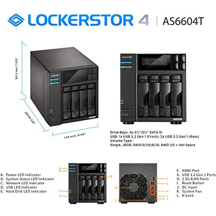 AS6604T - ASUSTOR Lockerstor 4, Intel Celeron J4125 Quad-Core Gemini Lake -Refresh, 4GB DDR4, 2.5GbE x2, M.2 Slots (2280 NVMe SSD) x2 – Bild 3