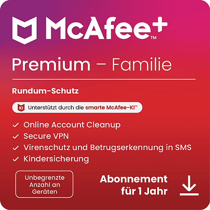 McAfee+ Premium Familie, Antivirus und Internet-Sicherheitssoftware für unbegrenzte Geräteanzahl, 1-Jahres-Abo, Multiplattform mit Kindersicherung und Secure VPN