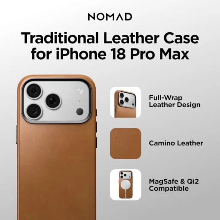 Nomad Traditional Leather Case für iPhone 18 Pro Max/17 Pro Max, englisches Tan, Vollnarbenleder, MagSafe- und Qi2-kompatibel, Glas-Camera-Control-Taste, eloxierte Aluminiumtasten – Bild 9