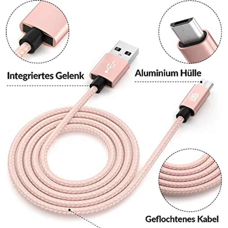 JAMEGA - 1m Premium Micro USB Kabel | Nylon geflochtenes USB Ladekabel für Micro USB Geräte kompatibel mit Samsung, HTC, Huawei, Sony, Nokia, Kindle, PS4 XBOX Controller - RoseGold – Bild 4