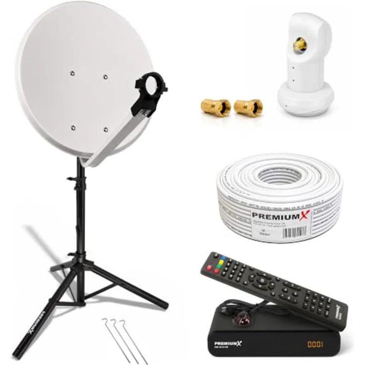 PremiumX PXS60 Camping Satelliten-Komplettanlage, 60cm Antenne mit Single LNB und dreibein Stativ, hellgrau, inkl. Digital HD Sat Receiver und HDMI-Kabel – Bild 1