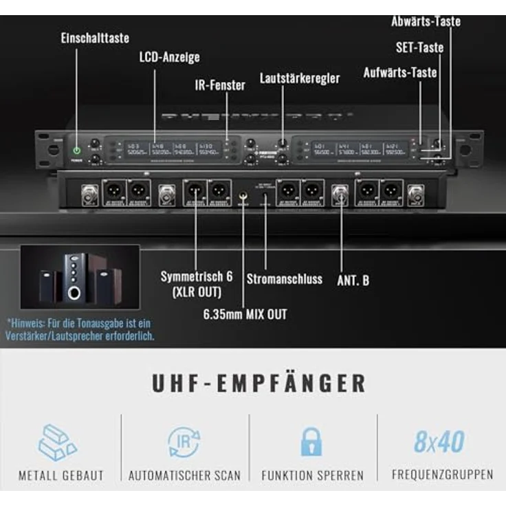 Phenyx Pro PTU-6000A, 8-Kanal Wireless Mikrofon System mit 8 Handheld Mikrofonen, 328ft Reichweite und automatischem Scan, für Gesang, Kirche, Karaoke – Bild 2