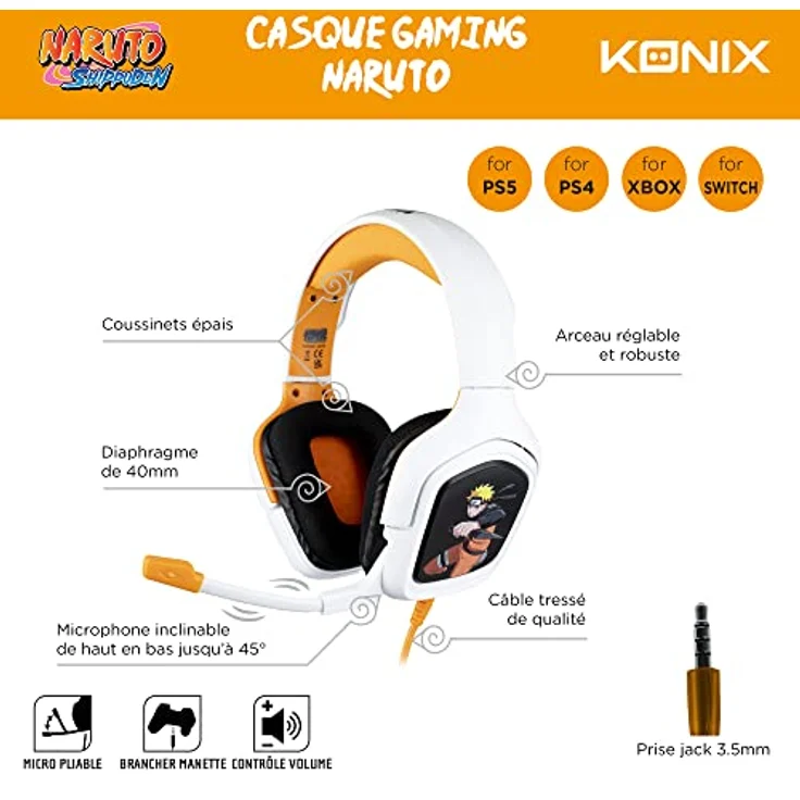 Konix Universal Gaming Headset mit flexiblem Mikrofon, Kompatibel mit PS4, PS5, Xbox One, PC, Tablet, Smartphone, Weiß/Orange, Schwarz, Einzigartige - Preisvergleich – Bild 5
