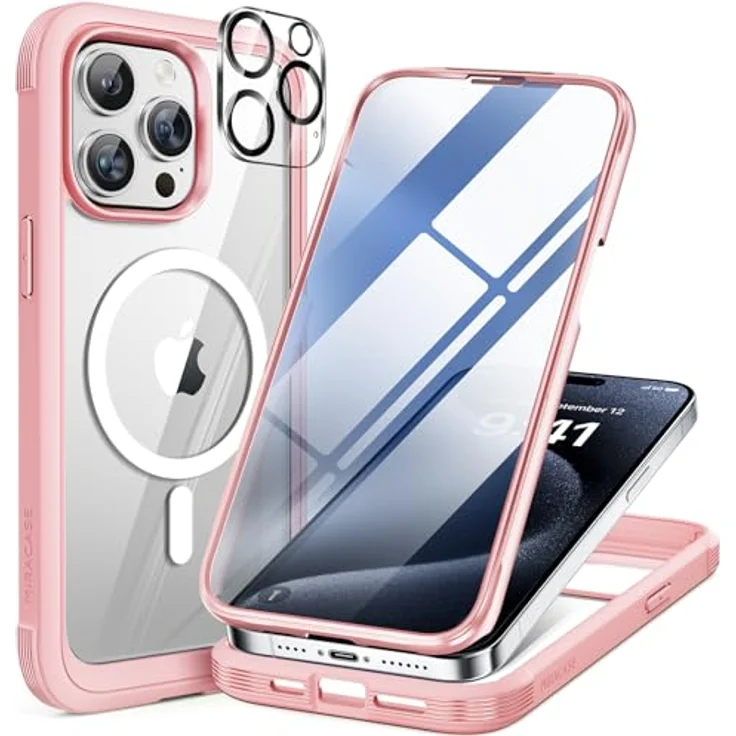 miracase Vollschutzhülle für iPhone 15 Pro, Magsafe, 360° Ganzkörperschutz, 9H-Displayschutz, Rosa – Bild 1