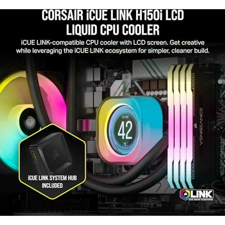 CORSAIR iCUE LINK H150i LCD-Flüssig-CPU-Kühler - 360mm AIO - QX120 RGB-Lüfter - 2,1" IPS-LCD-Bildschirm - Passend Für Intel LGA 1700, AMD AM5 - iCUE LINK System Hub im Lieferumfang Enthalten - Schwarz – Bild 2