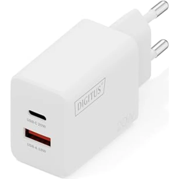 DIGITUS USB-Ladegerät 2-Port, USB-C und Typ-A, bis zu 20W, Schnellladegerät, geeignet für Handys, Tablets, Smartwatches, Bluetooth-Kopfhörer, Weiß – Bild 1