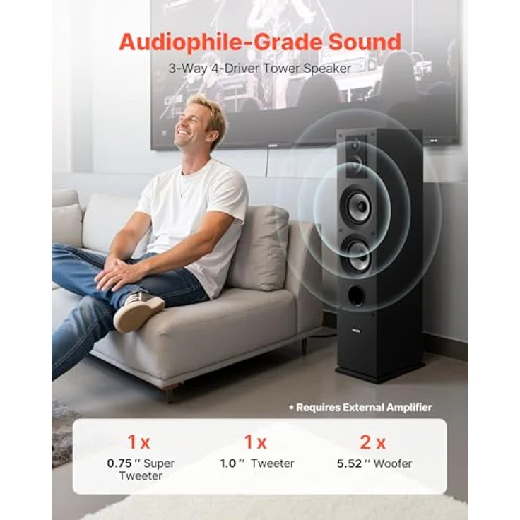 VEVOR Standlautsprecher 3-Wege-System mit 1,91/2,54 cm Hochtöner und Dual 13,34 cm Tieftöner, 145 W Spitzenleistung, MDF-Gehäuse, 70 Hz–20 kHz Frequenzgang, für Home Audio, Single – Bild 2