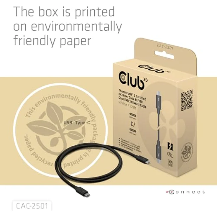 Club 3D Club3D Thunderbolt 5 Kabel, 1 m, 8K bei 240 Hz, 120 Gbps, USB 4.0, 240 W, zertifiziert – Bild 6