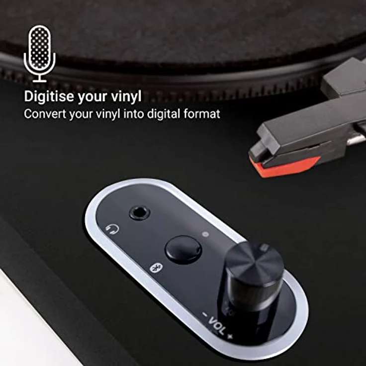 Jam Spun Out Bluetooth Plattenspieler, Vinyl Plattenspieler, 3-fach Riemenantrieb für erstklassigen Sound, Bluetooth-Funktion, Kopfhörerausgang und Aux-Eingang, inklusive Staubschutzhülle, schwarz – Bild 6