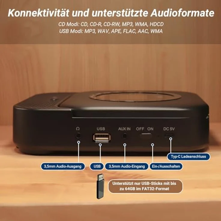 August SE15B MP3-Player, Schwarz, Bluetooth 5.3, CD-Player und AUX-Lautsprecher mit Fernbedienung – Bild 5