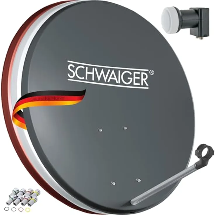 SCHWAIGER Satellitenschüssel Komplettset 55cm, Twin LNB digital HD 4K, wetterfest in Anthrazit mit Masthalterung und Montagematerial für Astra, Hotbird, Eutelsat, Türksat, Amos