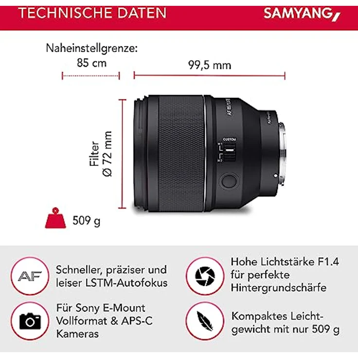 Samyang AF 85mm F1,4 II FE für Sony E – Autofokus Vollformat & APS-C Portait Festbrennweite für spiegellose Systemkameras Alu Gehäuse Wetterschutz Objektiv – Bild 2