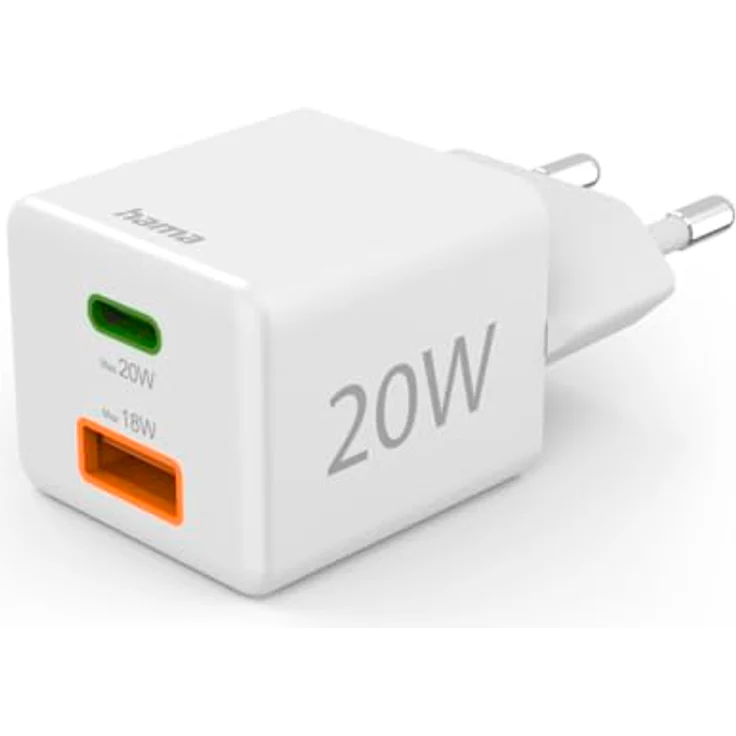 Hama Schnellladegerät, 1x USB-C PD, 1x USB-A QC, Mini-Ladegerät, 20 W, Weiß – Bild 1