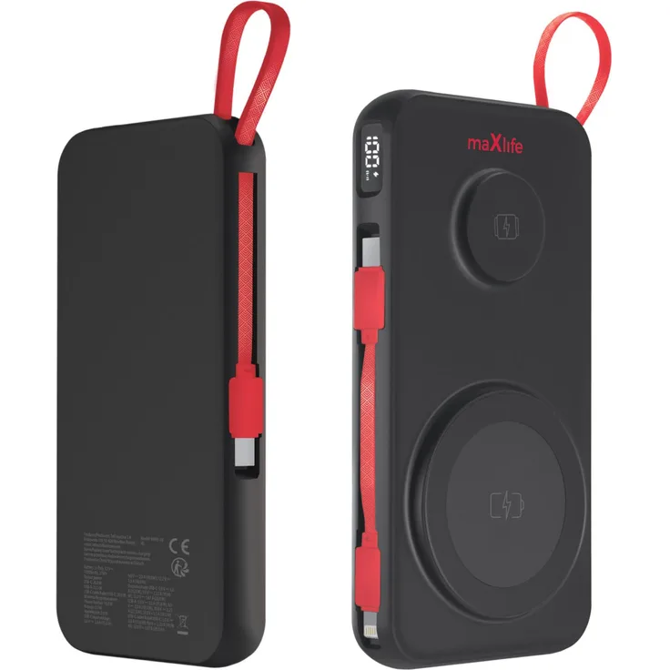 FOREVER Maxlife Powerbank kabellos MXPB-08, 10000 mAh, magnetisch 3-in-1, Schwarz, 15 W Ladeleistung
