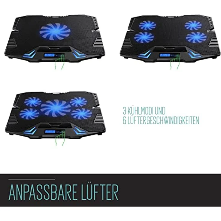 Ewent EW1259 Gaming Laptop Kühler, 12-17 Zoll, 5 ruhige Lüfter mit blauen LEDs, 2 USB-Ports, höhenverstellbarer Ständer, schwarz – Bild 3
