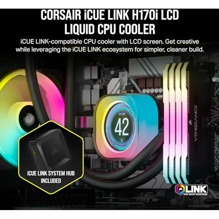 Corsair CORSAIR iCUE LINK H170i LCD-Flüssig-CPU-Kühler - 420mm AIO - QX140 RGB-Lüfter - 2,1" IPS-LCD-Bildschirm - Schwarz – Bild 2