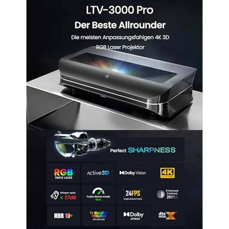 AWOL VISION LTV-3000 Pro 4K 3D RGB Laser Ultrakurzdistanz Beamer, Dolby Vision & Atmos, HDR10+, 150" UST Laser TV Beamer Heimkino Laser Projector (inkl. Fire TV Stick 4K Max) - Schwarz – Bild 2
