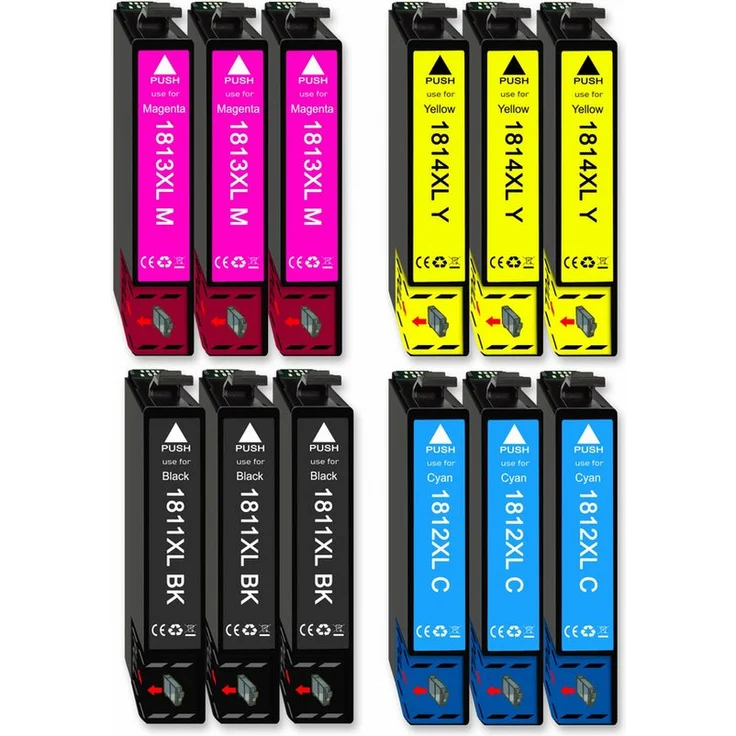 Druckerparadies 12er Pack Druckerpatronen 18 18XL kompatibel mit Epson XP-202, Schwarz, Cyan, Magenta, Gelb, hohe Reichweite bis 470 Seiten
