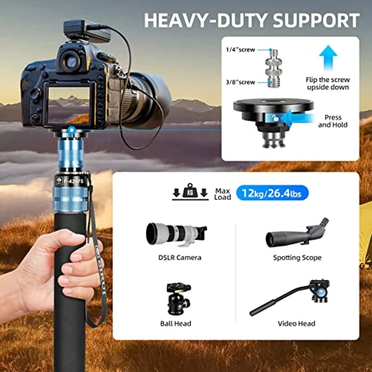 SIRUI P-424FS Kamera Einbeinstativ, 160cm Heavy Duty Carbon Fiber Foto Video Einbeinstativ, 4-Sektion Professional Einbeinstativ mit Füßen, Modular 3 in 1, Quick Release Design, Max Load 12kg – Bild 4