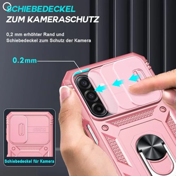 LeYi Militär Hülle für Samsung Galaxy A17 5G, Kamera Schieber mit Objektivschutz und 2 Displayschutz, Rosa, Armor Schutzhülle mit Stehfunktion und Ringhalterung – Bild 2
