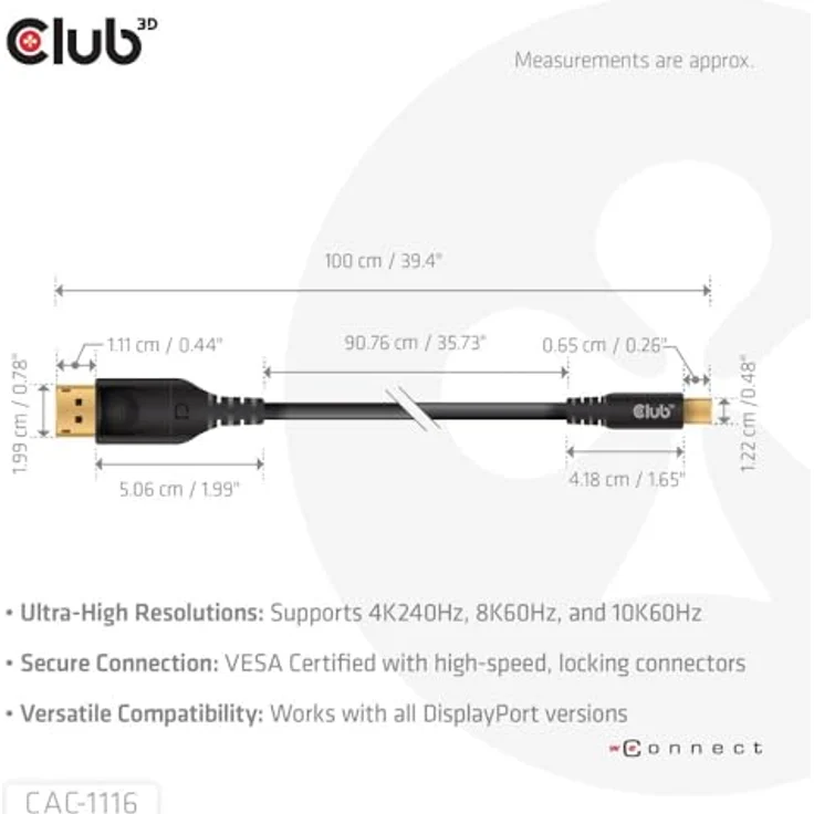 Club3D CAC-1116 MiniDisplayPort to DisplayPort DP80 Bidirectional Vesa Certified Cable 1m/ 3.28 ft, DisplayPort-Kabel mit UHBR10/13.5/20 bis zu 80 Gbps, Unterstützung für 4K240Hz/8K60Hz/10K60Hz – Bild 4