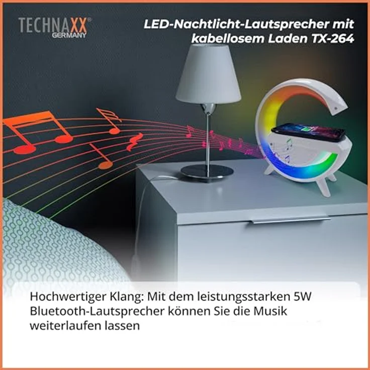Technaxx TX-264, kabelloses LED-Nachtlicht mit 10W Ladestation, 6 RGB-Modi, Bluetooth V5.3 und 2000mAh Akku – Bild 5