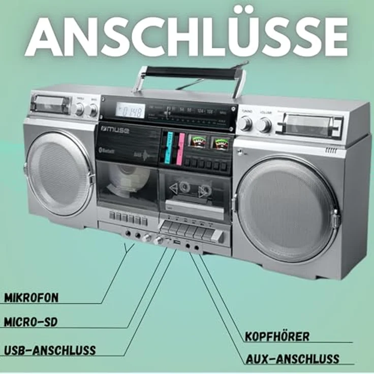MUSE M-380GBS Retro Kassetten Boombox mit CD-Player, AUX und Bluetooth, Smartphone kompatibel, Kassettenrekorder cooles vintage Design, 80 Watt Lautsprecher – Bild 3
