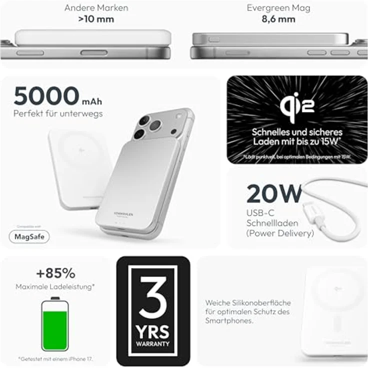 VONMÄHLEN Evergreen Mag, magnetischer Wireless Charger mit 5.000 mAh, Qi2-zertifiziert, Weiß – Bild 5